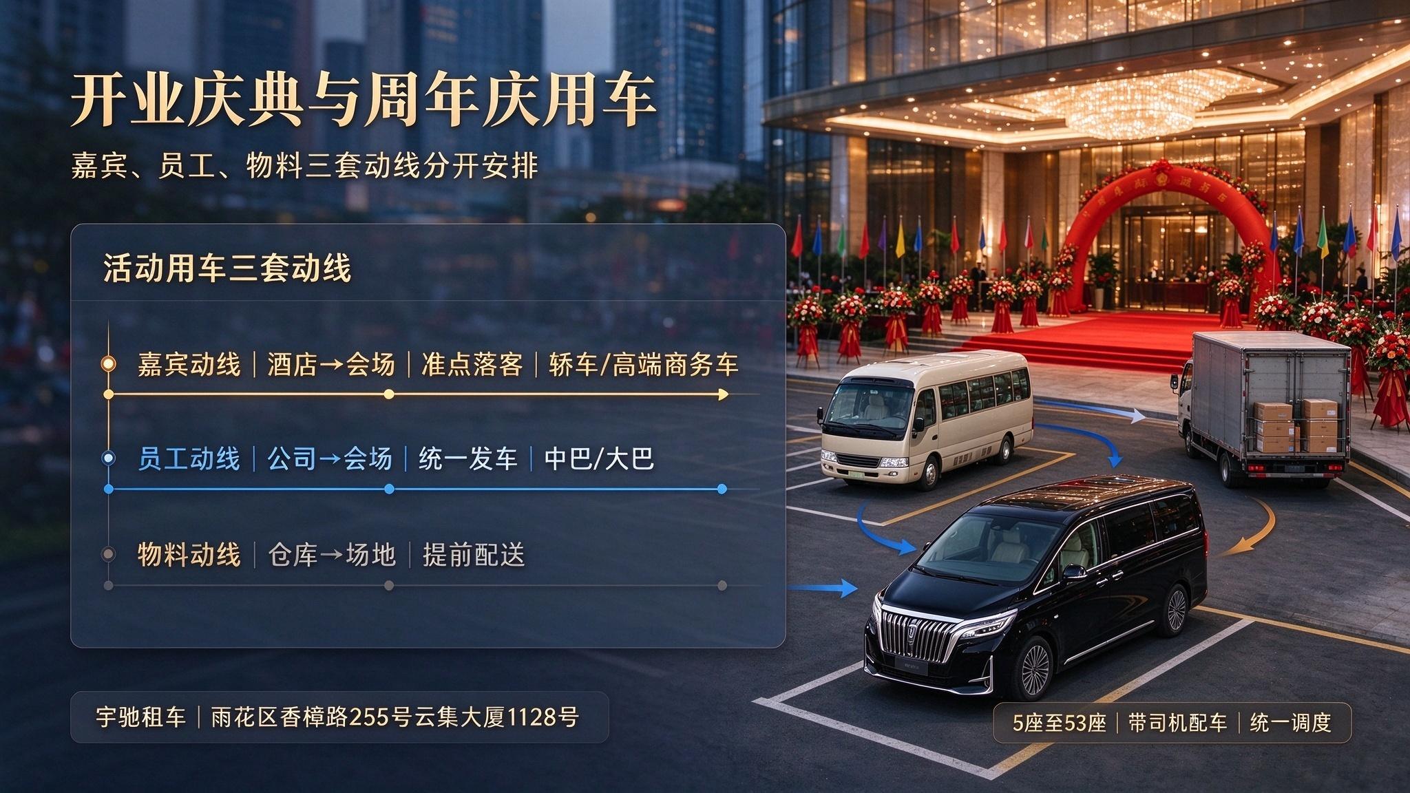 长沙开业庆典与周年庆用车：嘉宾、员工、物料三套动线